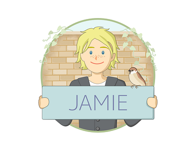 Jamie and a sparrow app bird blonde boy brick brush character design education english girl illustration ivy leaf learning lgbtq man nature wall woman