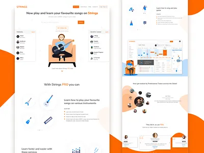 Landing page of Music Learning App chords guitars landing page landing page design learn learn music music app music learning musical instrument orange piano singing trainer ui design ukelele