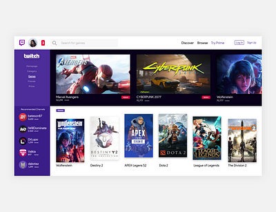 Twitch Redesign Concept app blog dashboad design flat gaming icon interface invite invites landing page logo redesign streaming app twitch ui ux web web design website