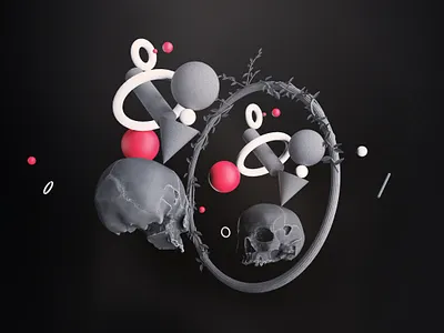 A dark composition 3d art composition illustration mirror skull wreath
