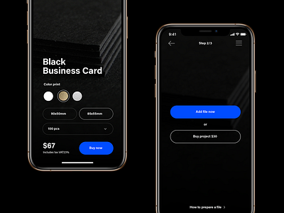 Printing house App/Web app apple black blue business card dark dark app dark mode dark theme dark ui ecommerce mobile printing select ui ux ux design uxui