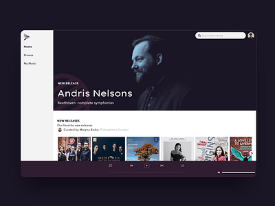 Classical music streaming app branding brand identity branding classical music dark ui design minimal music app streaming app ui web app web design