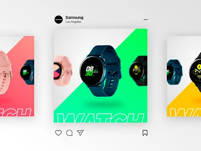 Samsung Watch Social Media art branding clean design gradient graphic design green instagram instagram post pink samsung smm socialmedia typography watch yellow