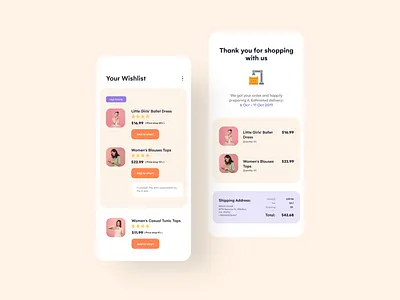 Shopping Wishlist and Order Confirmation app appinterferance clean design flat ios minimal mobile shopping shopping app simple typography ui ui design uidesign uiux uiuxdesign ux wishlist