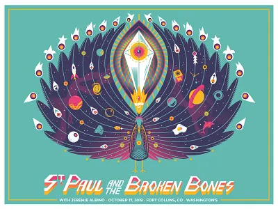 Space Peacock for St. Paul and the Broken Bones alabama colorado concert poster crown crystal design fort collins galaxy graphic design illustration king peacock planets psychadelic rocket screenprint space surreal typography vector