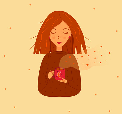 Girl with coffee autumn girl beauty beverage carrots cocoa coffee comfort cute girl dream girl hot coffee illustration mood moon october mood orange stars steam warm sweater warmth