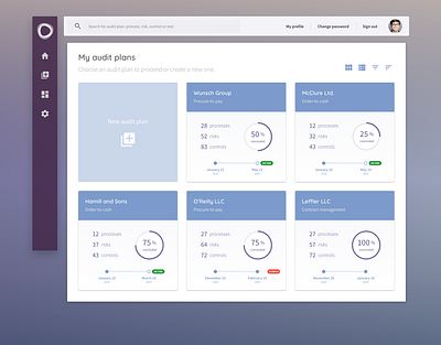 My audit plans - Auditify card design column deadline filter home screen homepage light ui list overview percentage product design progress project sorting task task list task manager timeline