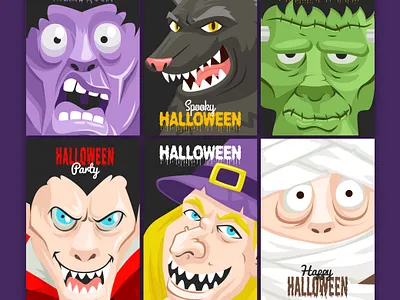 Halloween 6 Posters Vector set abstract background banner card celebration concept design graphic greeting halloween holiday illustration lettering night orange party pumpkin style text vintage