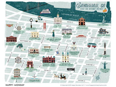 Savannah, Georgia Illustrated Map architecture building cartography city map georgia hand drawn handdrawn map historic illustrated map illustration inky map map illustration savannah vector