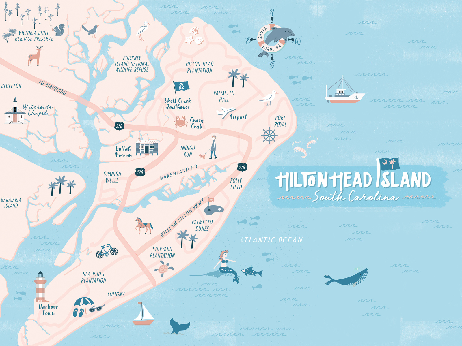 Hilton Head Island Illustrated Map cartography city illustration destination illustration hand drawn icon design illustrated map illustration landmark illustration line illustration map illustration tourism branding travel illustration visual identity