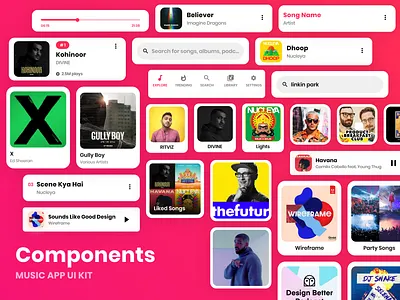 Components - Music App UI Kit app components dailyui design design system flat free music app ui kit free ui kit madewithadobexd minimal music app music app components music app ui music player ui ux ux design