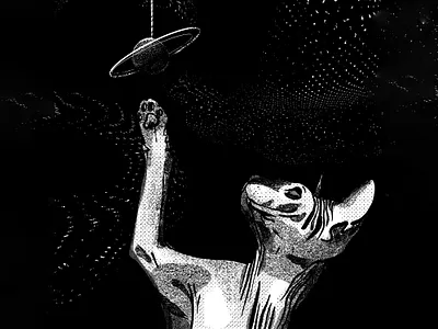 Sphynx Cat in Space baroque black and white cat contrast etching gothic grunge hairless cat illustration jupiter planets pointilism space sphynx stipple stippled surreal