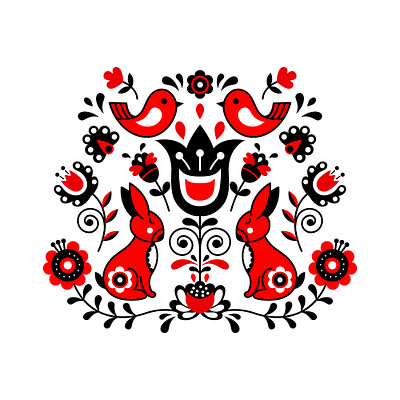 Scandinavian style art black design doodle floral flower folk art illustration nordic norway ornament rabbit red scandinavian scandinavian design sweden