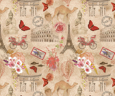 Vintage travel seamless pattern aquarelle buddha cherry blossom coliseum eiffel tower fabric gate handmade illustration japan paris seamless pattern textile travel vintage watercolor