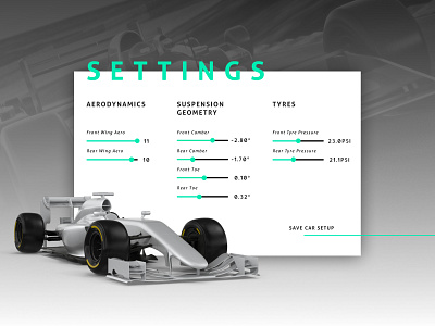 Settings branding car concept configuration configurator daily ui dailylogochallenge dailyui dailyuichallenge design design art formula1 performance race racecar settings settings page settings ui ui ux