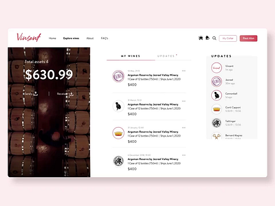 Digital Wine Cellar branding cellar crypto design digital interaction mobile mockup money notification send stories updates ux video wallet website wine wine label wine maker