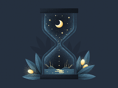 Starry night flat design grainy texture grit hourglass moon night stars vector