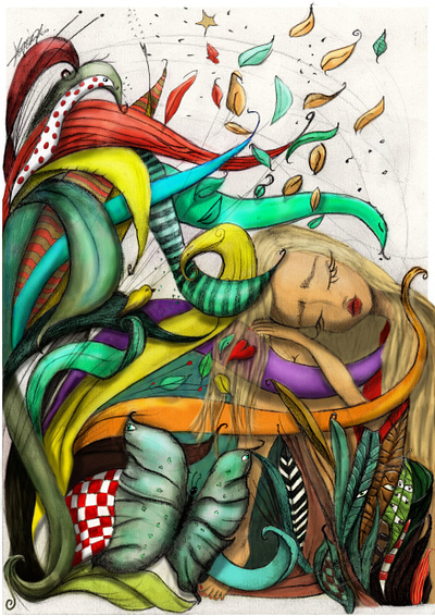My Sleeping beauty beauty blonde chess digital dots eyes fairytale girl illustration leaves love magical pencil plants sleeping stripes tale wind