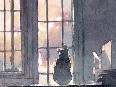 let's watch sunset together cat cat illustration cute gato graphic illustration neko painting sunset watercolor