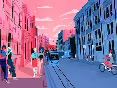 Culturetrip Manchester Header background design character city design flat illustration light manchester shadows street sunset texture