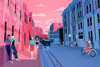 Culturetrip Manchester Header background design character city design flat illustration light manchester shadows street sunset texture