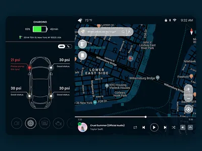 Car Interface Concept 034 app car car interface challenge dailyui dailyui034 dailyuichallenge dark dark ui design interface ios map navigation settings tesla ui ux