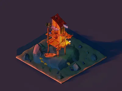 Sea shack in sunset 3d art blender 3d isometric shack