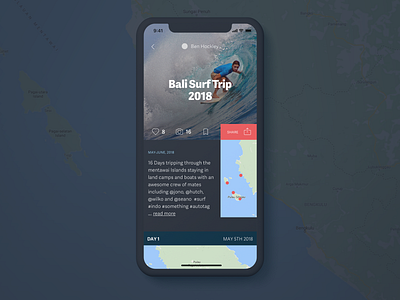 Trekka Dark UI Concept layout itinerary map mobile mobile app mobile ui surf travel travel app