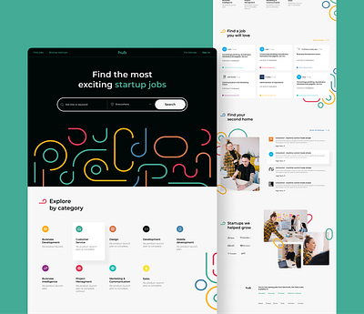 The Hub black blue exciting figma green jobs multicolors people red redesign concept searching shapes startups ui ux webdesign white yelow