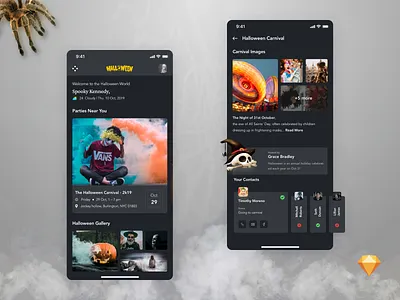 Halloween adventure app booking calendar chat dark dark app event events free freebie friends gallery halloween night party payment schedule sketch travel