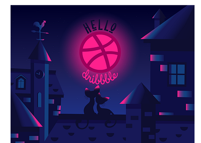 Hello Dribbble cat design flat gradient hellodribbble illustration night