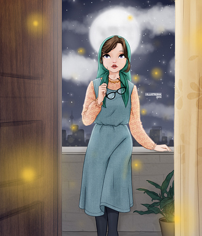 Kahkashan art cute digital digital art draw drawing drawthisinyourstyle girl hijab illustration moonlight night