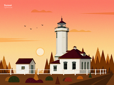 Sunset bird cloud enclose house illustration lighthouse mountain road shrubs sun sunset trees