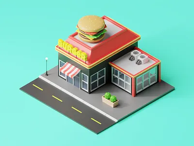 Isometric Burger Joint 3d architecture art blender building burger design illustration isometric lighting lights low poly lowpoly mcdonalds restaurant shop street ui ux vector
