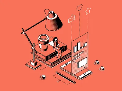 Freelance line isometric composition businesswoman character composition design freelance illustration isometric isometric illustration lineart style