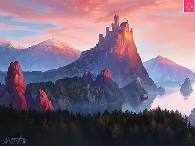 Kings Castle 2d aleksey litvishkov art castle digital art illustration landscape mountains rock sea ship xsolla