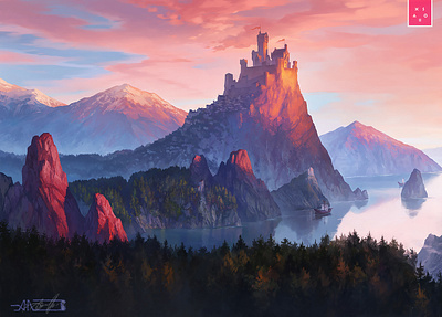 Kings Castle 2d aleksey litvishkov art castle digital art illustration landscape mountains rock sea ship xsolla