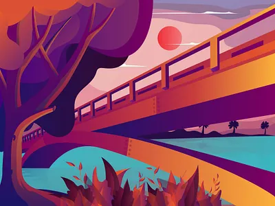 landscape Bridge Illustration art brand branding color design flat graphic design illustration landingpage landscape logo mobile red sun ui ux vector web