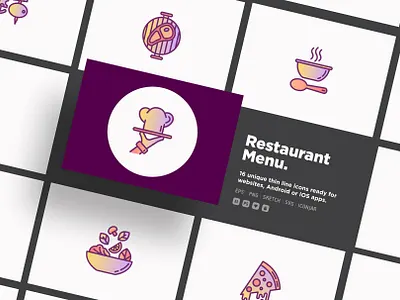 Restaurant Menu | 16 Thin Line Icons Set chef cook cooking dinner dish drink fish food hat icon kitchen line lunch menu plate restaurant soup table vector wine
