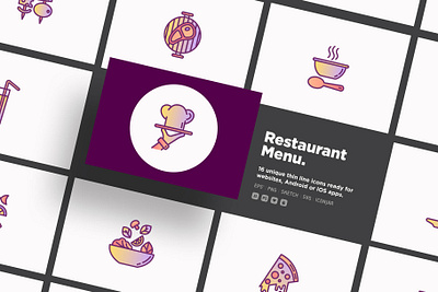Restaurant Menu | 16 Thin Line Icons Set chef cook cooking dinner dish drink fish food hat icon kitchen line lunch menu plate restaurant soup table vector wine