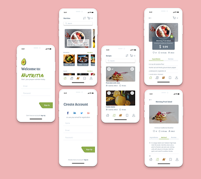 Nutritia app create account ingredients nutrition recipe app recipes registration form salads sign in signup