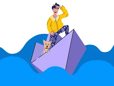 Sailing in paper art character colored dog illustration paper playful sailing ship vector