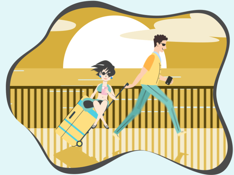 Taking my short wife on vacation adobe after effects animation animation 2d classics design enjoyment entertainment flat art girl holiday illustration illustrator love motion graphics romance short sun set vacation walk cycle