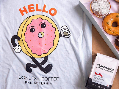 Hello Donuts cartoon character donuts hand drawn hand type illustration philadelphia