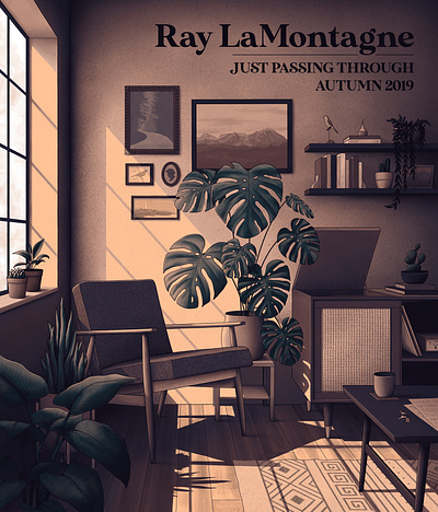 Ray LaMontagne Tour Poster band band merch cozy gig poster illustration interior mid century mid century modern monstera natural light plant room plants poster record player screen print shadows streaming light tour poster vintage room window light