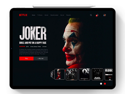 Netflix Carousel Interaction adobe xd adobexd animation carousel concept interaction ipad jhon wick joker motion movies netflix play slider smart tv uiux vod