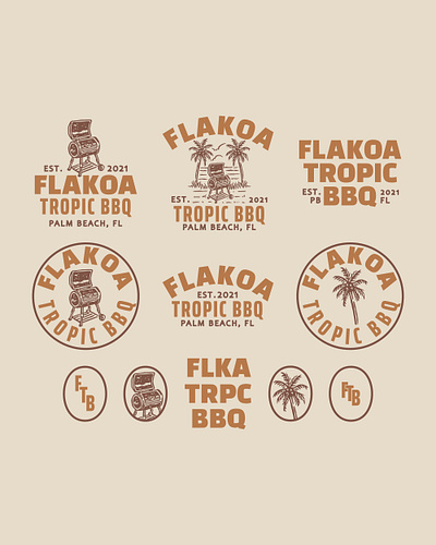 Flakoa Tropic BBQ Branding badge design bbq brand brand design branding custom design design food graphic design hand drawn hand drawn style logo restaurant tropic tropical vintage vintage design vintage logo vintage style visual identity