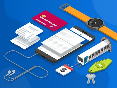 Workday Mobile Team Illustration app calendar credit card date expenses finance financial headphones illustration keychain keys money music phone time train transportation watch