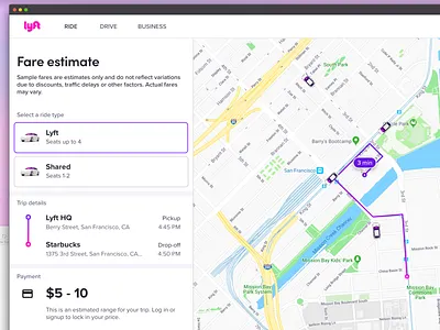 Lyft ride estimate framer framer x framerx interactive lyft map mapping progressive web app prototype ride sharing rideshare ridesharing route routes web web app web application web interface web interfaces website