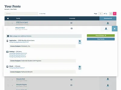 Updating the “Your Fonts” List datatable fontspring licensing product design table ui user inteface ux web design